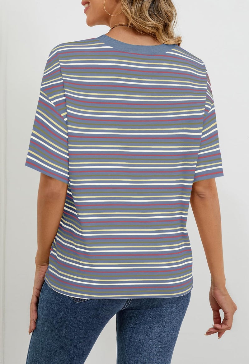 MEROKEETY Women's 2026 Summer Short Sleeve Tops Casual Colourful Striped Crewneck Loose Work T Shirts Blouses, Dustyblue, S - Image 5
