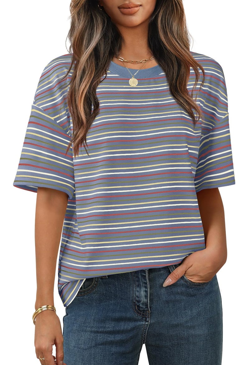 MEROKEETY Women's 2026 Summer Short Sleeve Tops Casual Colourful Striped Crewneck Loose Work T Shirts Blouses, Dustyblue, S - Image 1