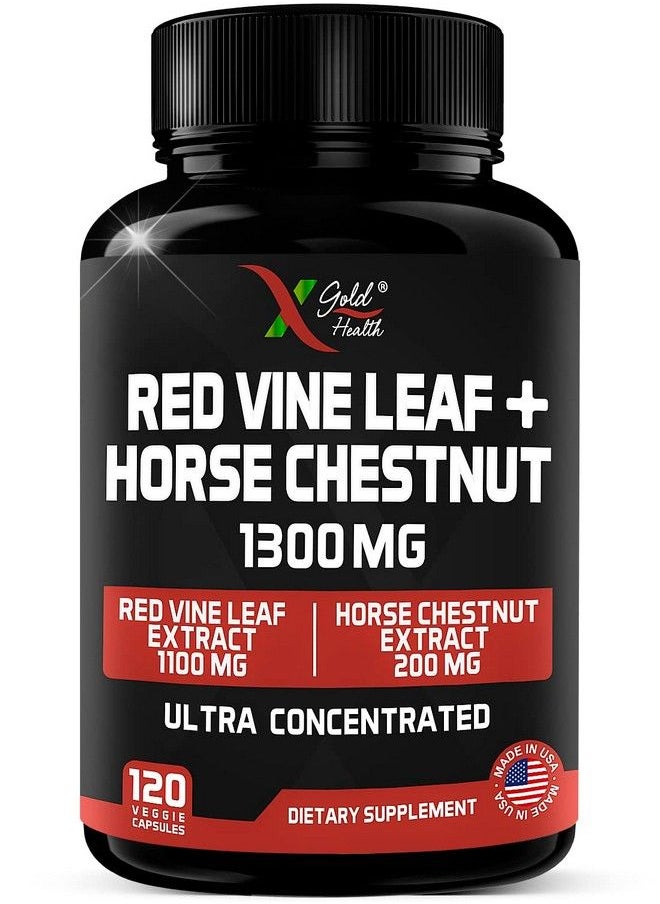 X Gold Health - Red Vine Leaf + Horse Chestnut Extract Supplement 1300Mg 120 Veggie Caps: Ultra Concentrated Red Vine Leaf + Horse Chestnut Health Supplements  Powerful Combination  Made In Usa  60 Days Supply - Image 1