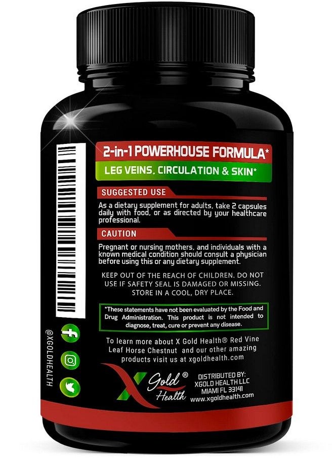 X Gold Health - Red Vine Leaf + Horse Chestnut Extract Supplement 1300Mg 120 Veggie Caps: Ultra Concentrated Red Vine Leaf + Horse Chestnut Health Supplements  Powerful Combination  Made In Usa  60 Days Supply - Image 1
