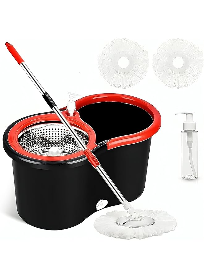 promass Muxluxe Spin Mop and Bucket with Wringer Set for Floor Cleaning - 2 pcs Microfiber Washable Mop Head, Wet and Dry Use Mop for Wall Hardwood Laminate Tile,Black and Red, SP-010 - Image 1