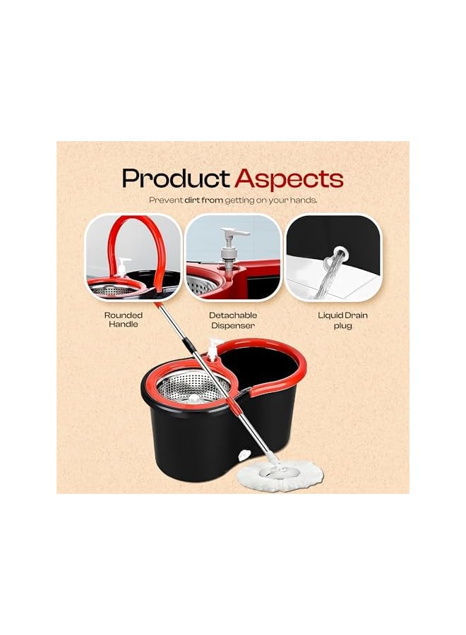 promass Muxluxe Spin Mop and Bucket with Wringer Set for Floor Cleaning - 2 pcs Microfiber Washable Mop Head, Wet and Dry Use Mop for Wall Hardwood Laminate Tile,Black and Red, SP-010 - Image 3