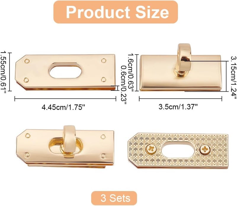 كلاراكو مجموعة من 3 أقفال معدنية ملتوية من كلاركو، مزودة بقفل دوار، ومشابك تثبيت، ومشابك تثبيت معدنية للحقائب، وإكسسوارات صناعة الحقائب اليدوية، باللون الذهبي - Image 2