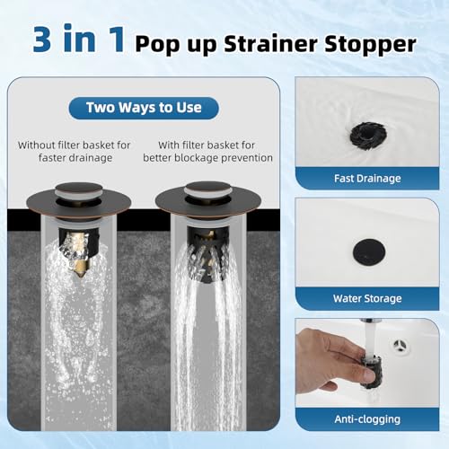 iFealClear All Metal Bathroom Sink Stopper Pop Up Sink Drain Strainer with Removable Stainless Steel Filter Basket Universal for 11236 Sink Brass Bounce Core Hair Catcher Oil Rubbed Bronze - Image 3