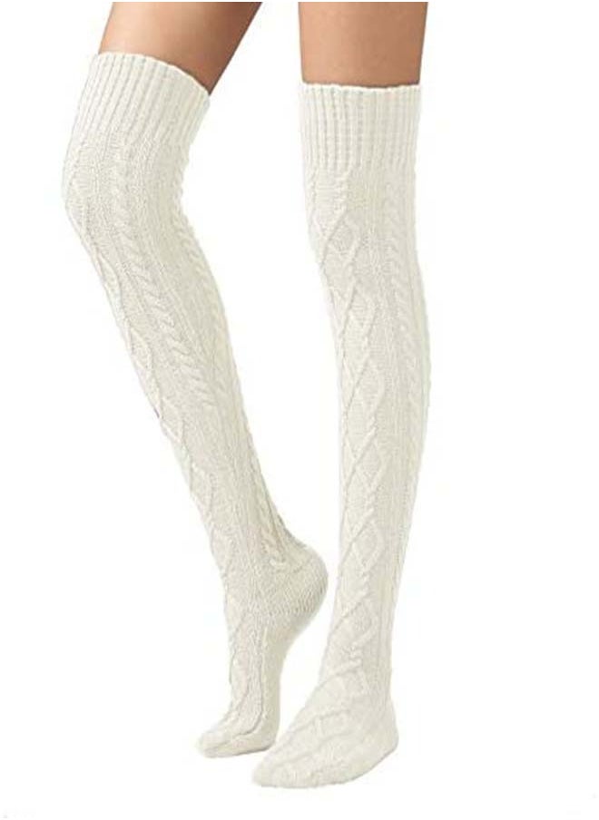 SYOSI High Socks for Women Cable Knit Over Knee Boot Socks Long Warm Leg Warmers for Winter Rhombus Curled Long Tube Knee Socks Ladies Knitted Wool Socks Winter Stockings Over Knee Leg Warmers  - Image 1