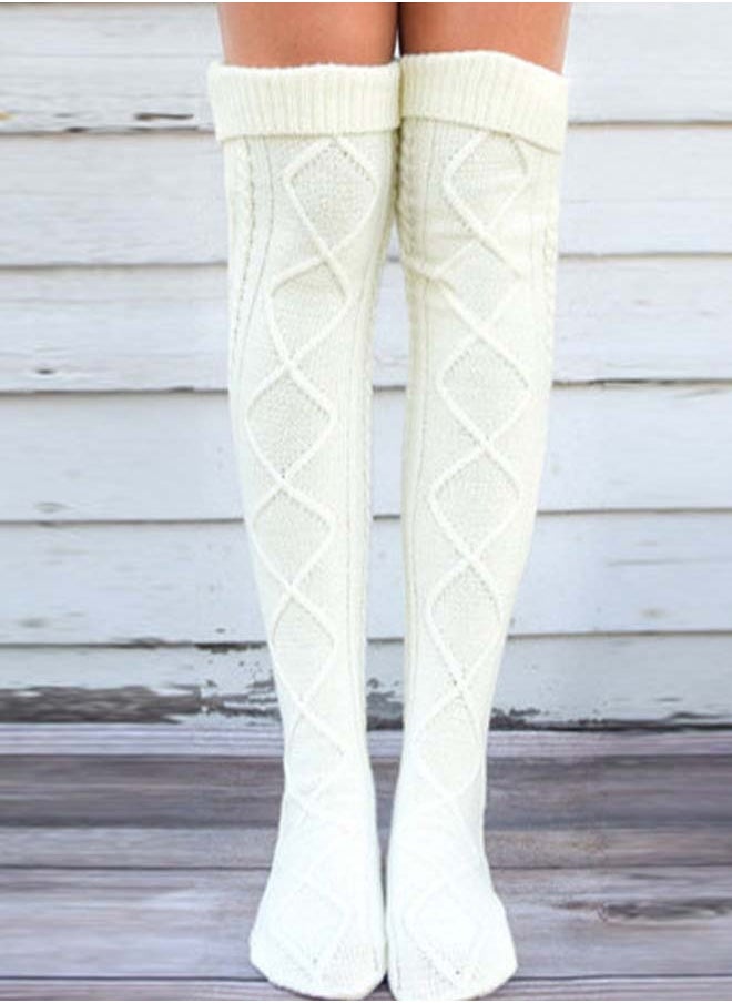 SYOSI High Socks for Women Cable Knit Over Knee Boot Socks Long Warm Leg Warmers for Winter Rhombus Curled Long Tube Knee Socks Ladies Knitted Wool Socks Winter Stockings Over Knee Leg Warmers  - Image 3