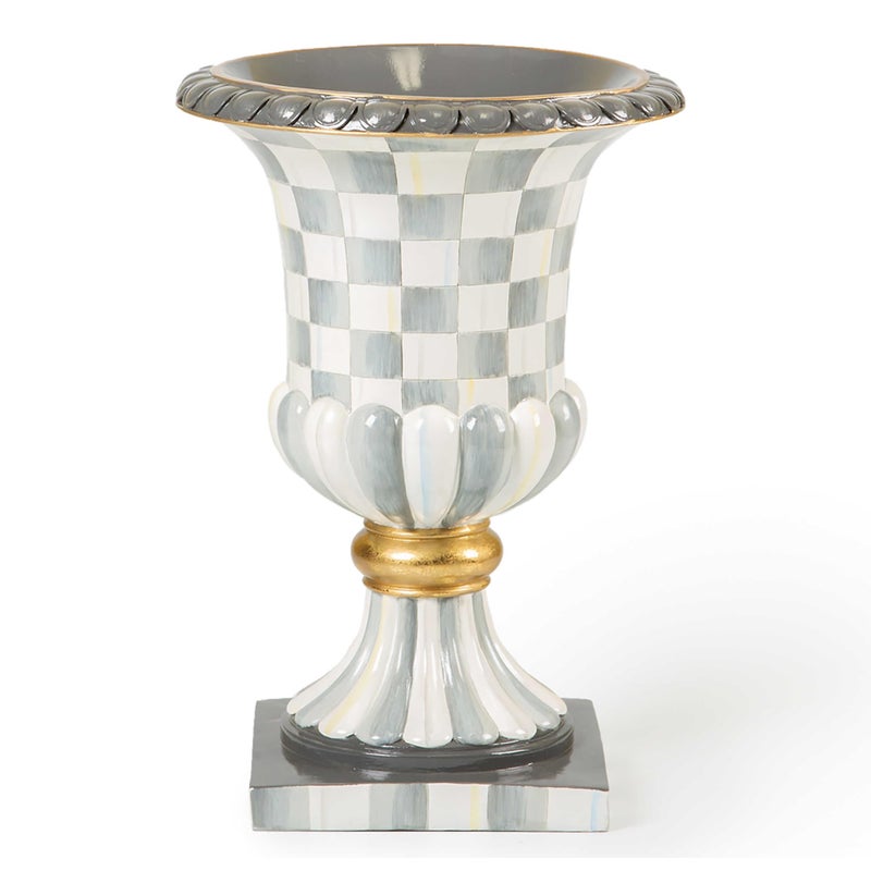 mackenzie childs MACKENZIECHILDS Pedestal Tabletop Urn Decorative Centerpiece for Table Mantel or Shelf Tall GrayandWhite Sterling Check