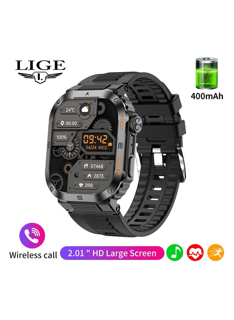 LIGE 2025 Newest Men's 400mAh Big Battery 2.01'' Large Full Touch Screen Sports Smart Watches IP68 Waterproof Support Arabic Silicone Black  - Image 1
