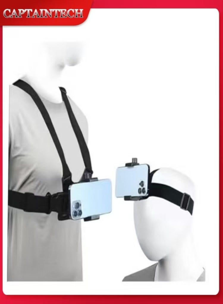 Captaintech Universal Chest Harness and Head Strap Kit for POV and VLOG Videos  Compatible with iPhone Samsung GoPro Hero 5 to 9 Action Cameras and Cell Phones  Ideal for Video Shooting Accessories - Image 1