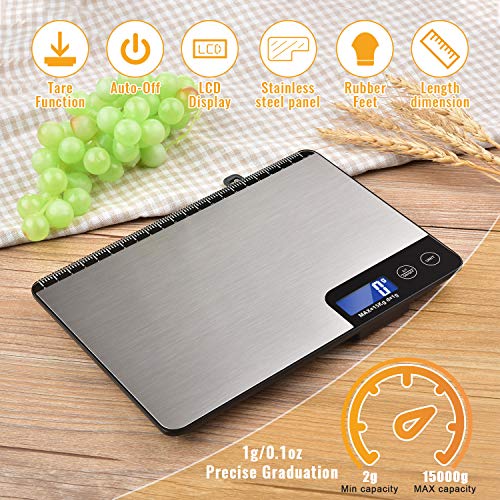 Diyife 33lb Digital Kitchen Scale Large Weighing Area 9 in Diyife Professional Electronic Food Scale Stainless Steel Household Scale Touch Control LCD Display Hangable 6 Units Tare with Batteries - Image 3