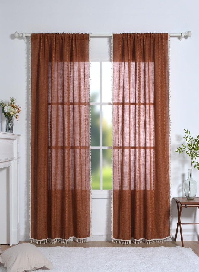 Schweek Terracotta Boho Curtains 84 Inch Length Burnt Orange Farmhouse Curtains for Living Room 2 Panels, Linen Semi Sheer Bohemian Tassel Curtains Rust Rustic Curtains Drapes - Image 2