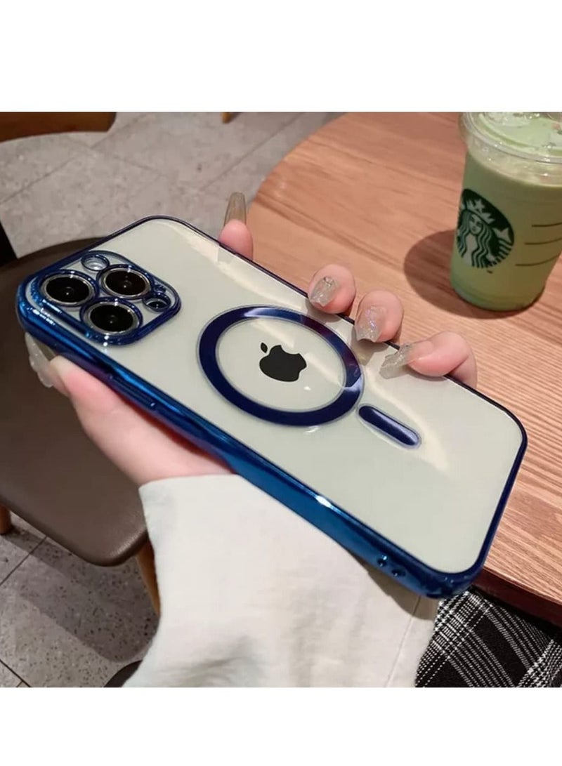 Luxury Plating Clear Magnetic For Magsafe Wireless Charge Case Compatible With IPhone 14 Pro|14 Pro Max Soft Silicone Ultraslim Edges Protective TPU PC Hybrid Case(Blue Pro) - Image 3