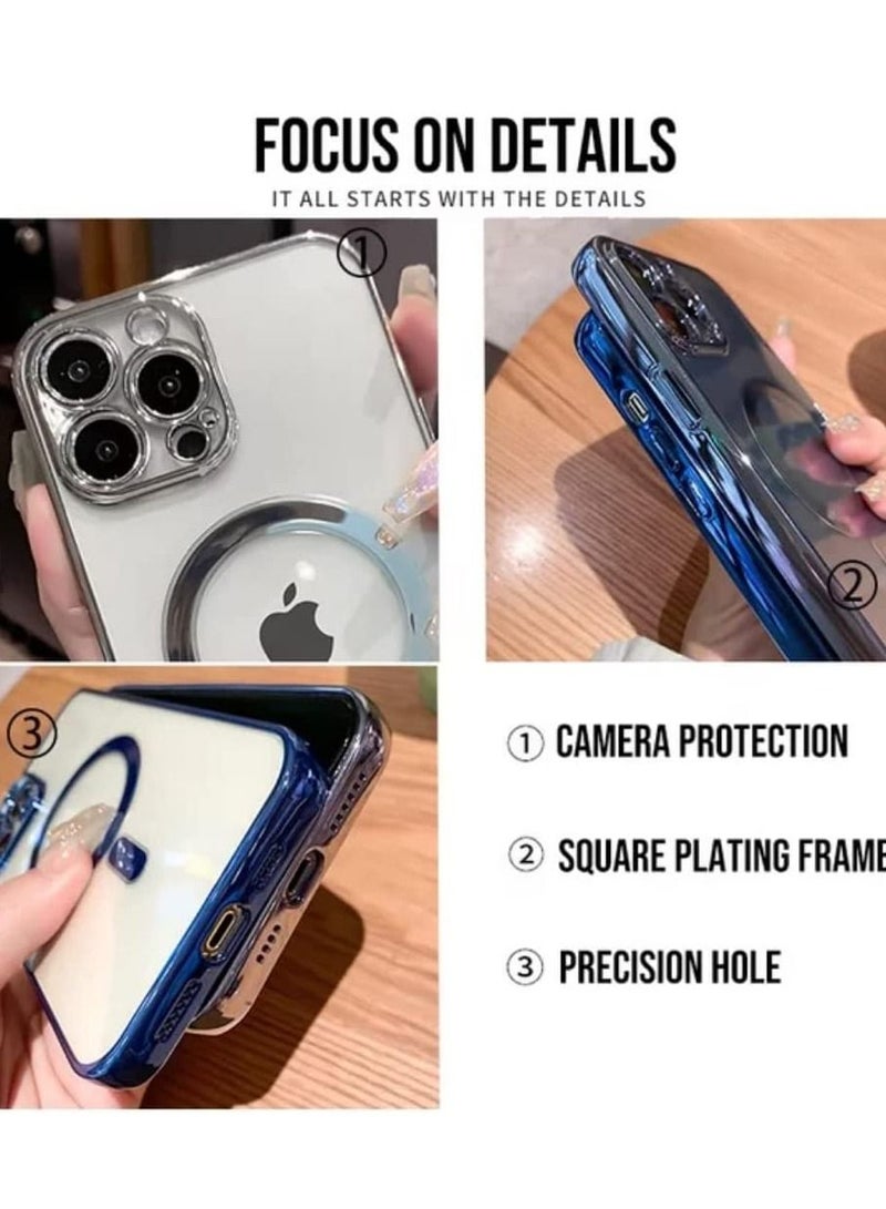 Luxury Plating Clear Magnetic For Magsafe Wireless Charge Case Compatible With IPhone 14 Pro|14 Pro Max Soft Silicone Ultraslim Edges Protective TPU PC Hybrid Case(Blue Pro) - Image 5