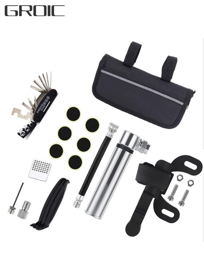GROIC Bicycle Bike Repair Tool Kit Bag with Tire Pump, Portable Patches Fixes,  Inflator, Maintenance For Camping Travel Essentials Safety Emergency Set  - Image 1