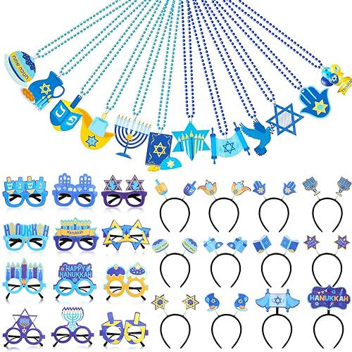 Loetere 36 Pcs Hanukkah Party Favors Set with Chanukah Eyeglasses Hexagram Star Menorah Dreidel Headbands Hanukkah Bead Necklace Costume Accessories Decorations for Chanukah Party Supplies - Image 1