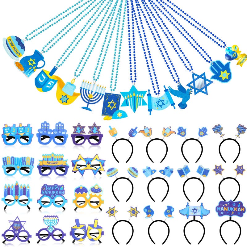 Loetere 36 Pcs Hanukkah Party Favors Set with Chanukah Eyeglasses Hexagram Star Menorah Dreidel Headbands Hanukkah Bead Necklace Costume Accessories Decorations for Chanukah Party Supplies - Image 3