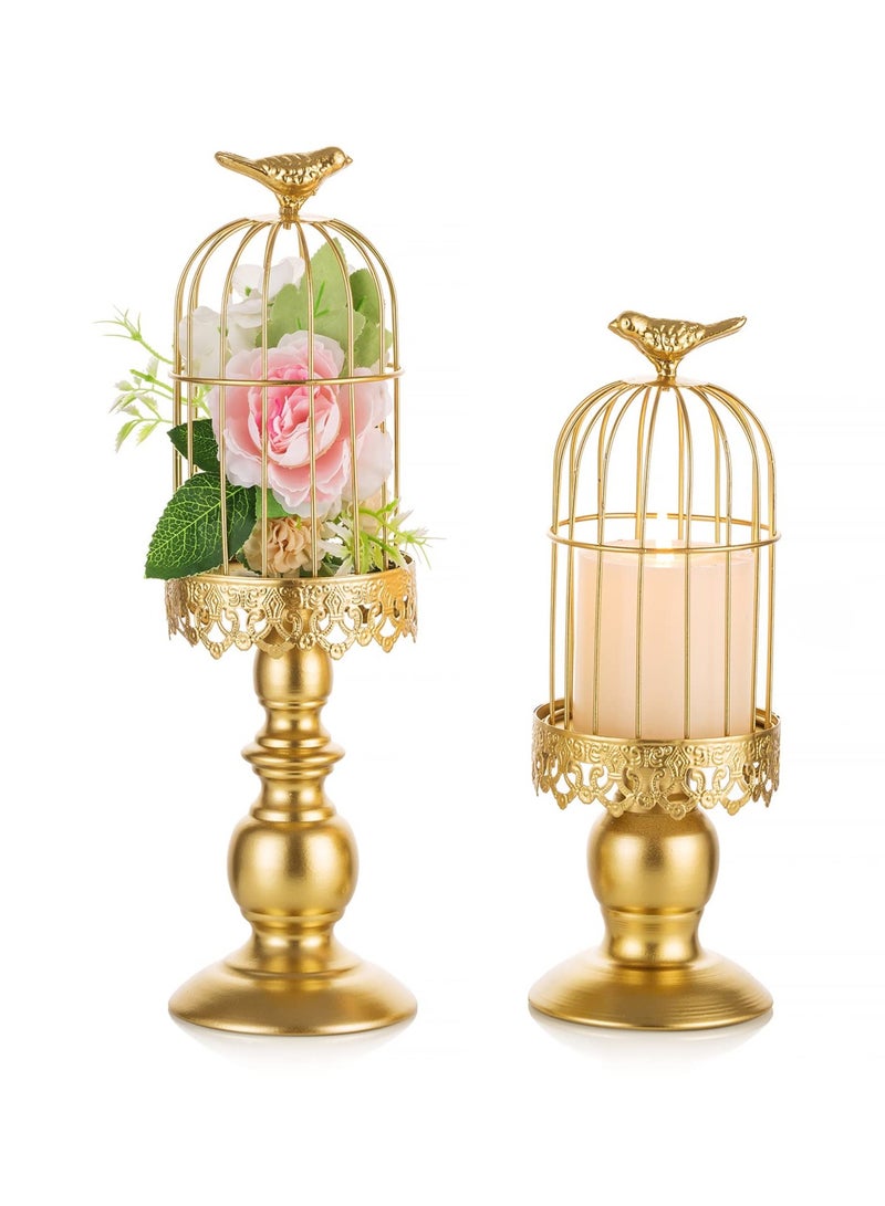 SYOSI Candle Holders for Pillar Candles, Decorative Metallic Bird Cage Ornament Gold Vintage Candlestick Holders Set of 2 for Tables Bedroom Cafe Table Home Decor Wedding - Image 1
