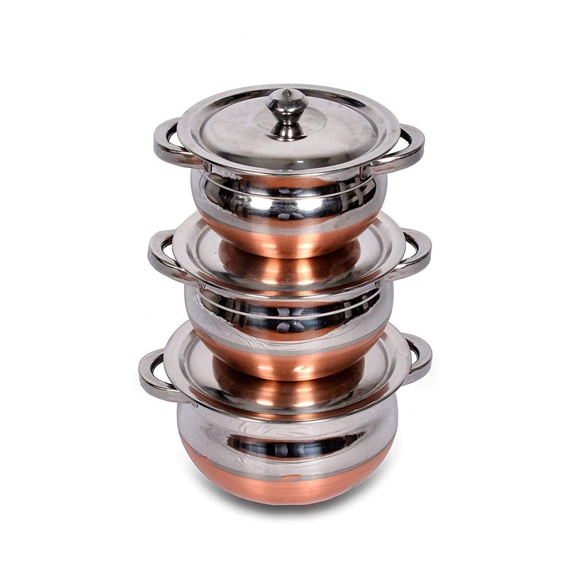 Jorex Mart Kadhai Handi with Handle Unique Handi Set Stainless Steel Copper Bottom Kitchen Serving, Cooking Bowl 3-Pieces Biryani Handi Kadhai with Handle - Image 2