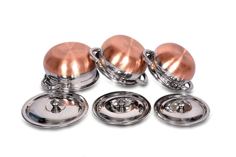 Jorex Mart Kadhai Handi with Handle Unique Handi Set Stainless Steel Copper Bottom Kitchen Serving, Cooking Bowl 3-Pieces Biryani Handi Kadhai with Handle - Image 1