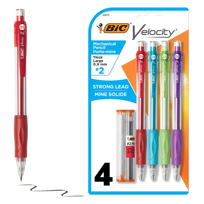 BIC Velocity Strong Lead Mechanical Pencils, With Colorful Barrel, Thick Point (0.9mm), 4-Count Pack Mechanical Pencils With Erasers - Image 1