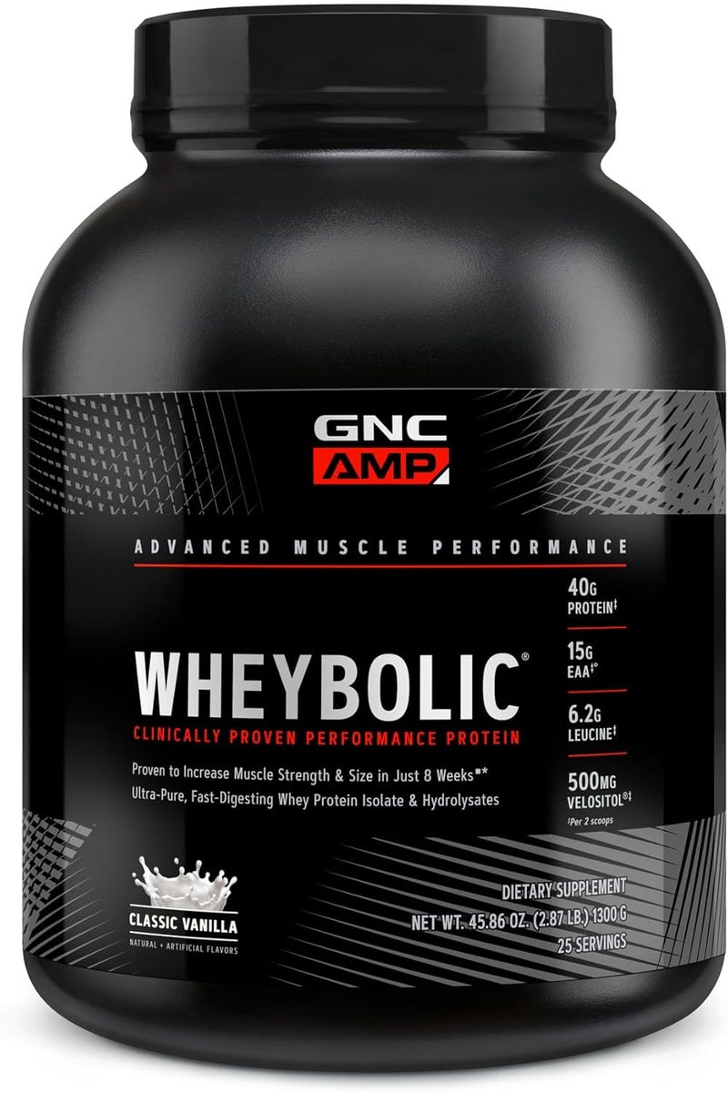 GNC AMP Wheybolic Clinically Proven Protein Powder 40g Whey Protein BCAA Leucine Increases Muscle Strength Muscle Building 3rd Party Tested Gluten Free Classic Vanilla 25 Servings - Image 1