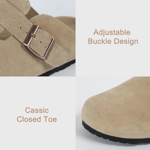 Dumalum Clogs for Women Mens Suede Leather Slip on Shoes Cork Footbed Mules Sandals with Arch Support Unisex Slippers Khaki - Image 2