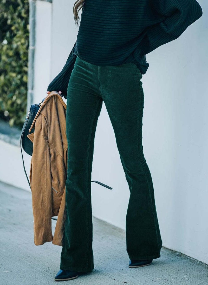 Loquat Women's Solid Color High Waist Slim Small Bell Bottoms Corduroy Casual Pants  - Image 1