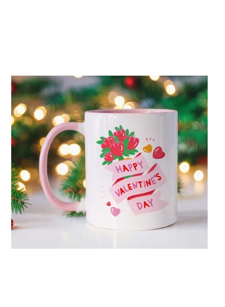 راين كوب RYN® "Happy Valentine's Day" من السيراميك بتصميم زهور وقلب احتفالي - كوب قهوة معزول للاستخدام المنزلي، مثالي للهدايا الرومانسية، يتضمن عبوة هدايا، كوب قهوة وردي - Image 1
