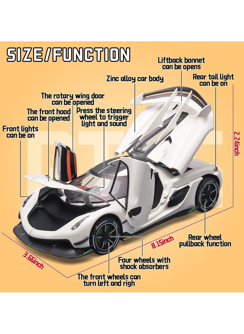 CMGTYYD Toy Cars for Boys 1/24 Koenigsegg Jesko Metal Die Cast Toy Cars, Collectibles Koenigsegg Model Car, Pull Back Koenigsegg Toy Car with Light and Sound, Cars Gifts for Age 3+ Year Old Boys (White) - Image 2