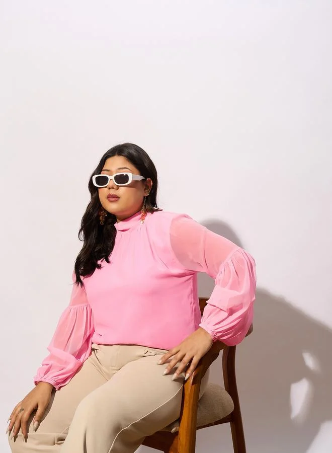 SASSAFRAS Plus High Neck Top with Bishop Sleeve by Styli
