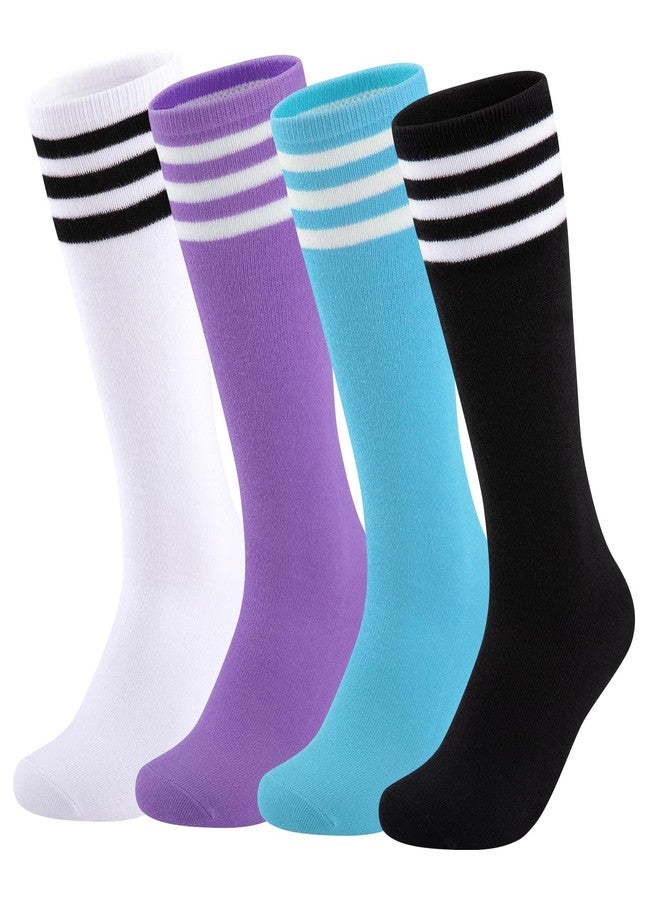 Comfoex Kids Soccer Socks 4 Pairs Girls Baseball Football Sports Tall With Cotton Stripes Girls Knee High Socks - Image 1