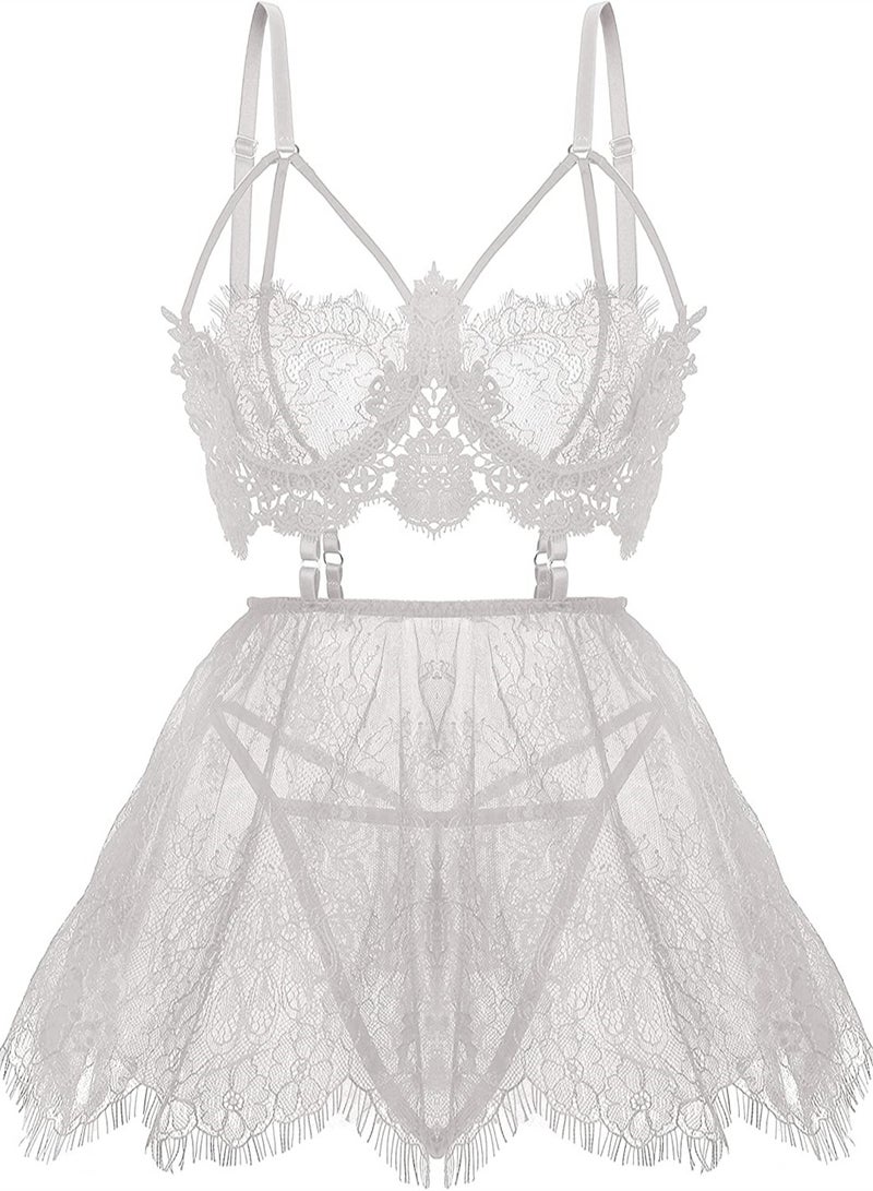 SYOSI Lingerie for Women Lace Babydoll Chemise Sexy Mesh High Waisted Nightdress Strappy Sleepwear Set for Wedding Night Sleepwear Nightwear, Exotic Sleepwear (White, M) - Image 1
