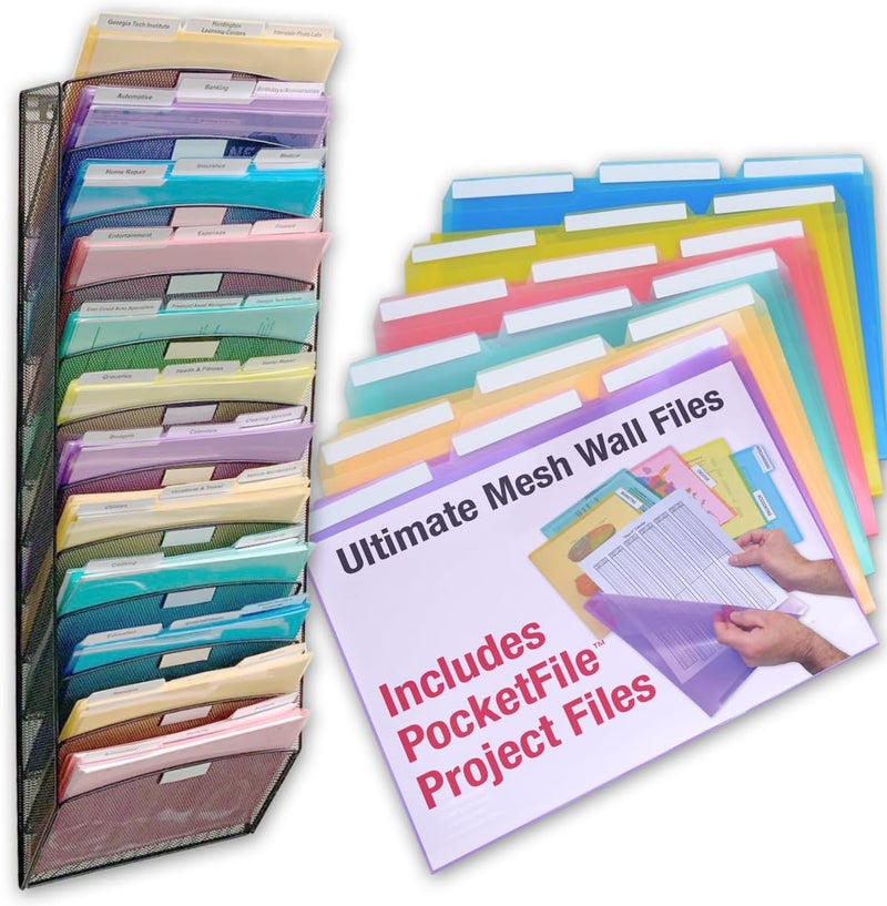 Ultimate Office Mesh Wall File Organizer, 12 Tier Vertical Mount Hanging File Sorter. Multipurpose Display Rack Includes 18, 3rd Cut PocketFile Clear Document Folder Project Pockets (Black) - Image 1
