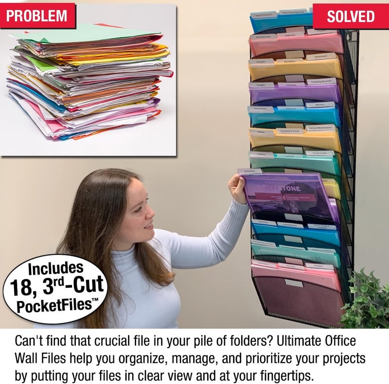 Ultimate Office Mesh Wall File Organizer, 12 Tier Vertical Mount Hanging File Sorter. Multipurpose Display Rack Includes 18, 3rd Cut PocketFile Clear Document Folder Project Pockets (Black) - Image 2
