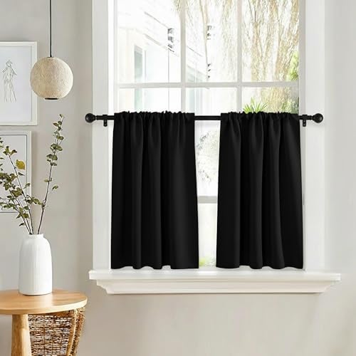 PONY DANCE Short Blackout Kitchen Curtains 36 inch Length, Half Window Cafe Panles, Black Out RV Bunk Drapes, Thermal Insulated Small Curtains for Basement&Camper, W42 x L36 inches, Black, 2 Panels - Image 1