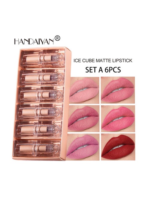 Lipstick Set For Women 6pcs Matte Moisturizing Lip Stick Velvet Long Lasting Waterproof Nude Non-Stick Cup 24 Hours Smudge Proof Permanent Color Stay Hydration Lightweight Texture Ice Cube Makeup Gift