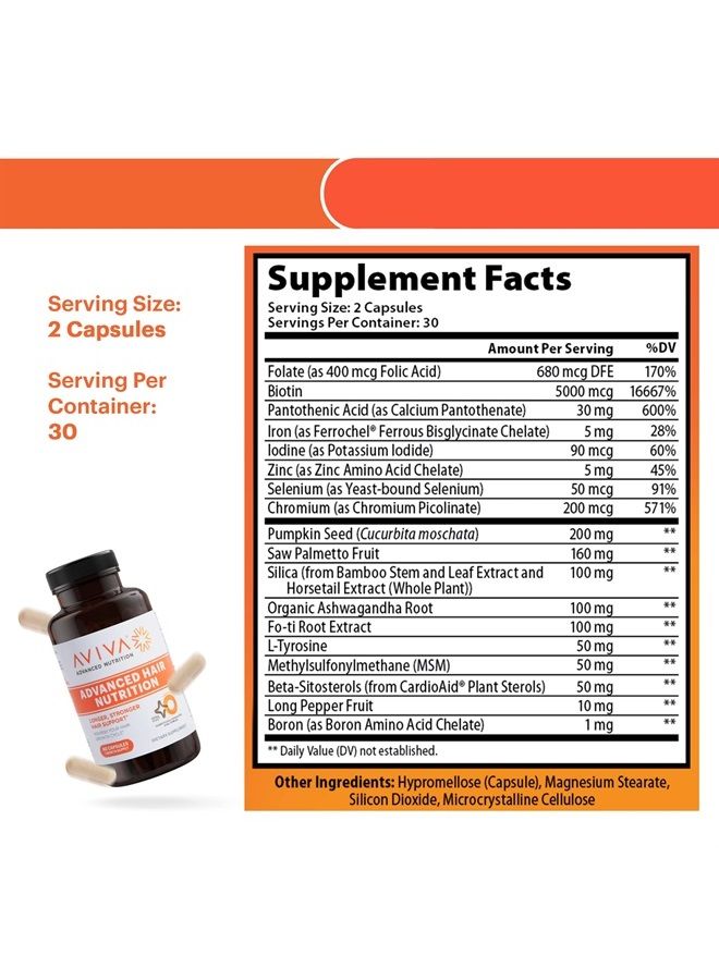 Aviva Advanced Hair Nutrition Hair Growth Vitamins – 60 Capsules Hair Vitamins Dietary Supplement for Thicker, Fuller Hair – Biotin 5000mcg with 18 Essential Oils and Nutrients  - Image 4