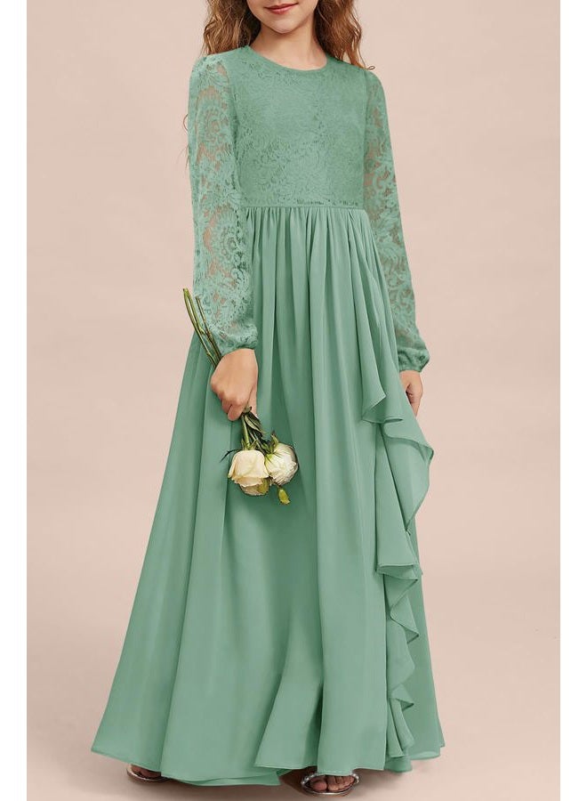 MITILLY Girls Fall Long Sleeve Maxi Dress Vintage A-Line Chiffon Ruffle Flowy Lace Flower Girl Dresses for Wedding Party, Light Green, 10 Years - Image 2