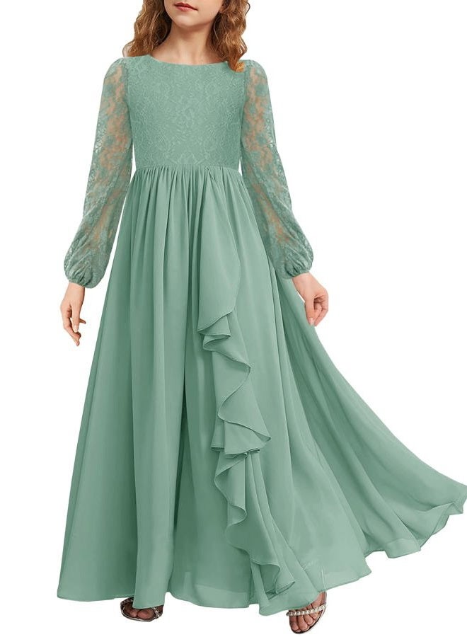 MITILLY Girls Fall Long Sleeve Maxi Dress Vintage A-Line Chiffon Ruffle Flowy Lace Flower Girl Dresses for Wedding Party, Light Green, 10 Years - Image 1
