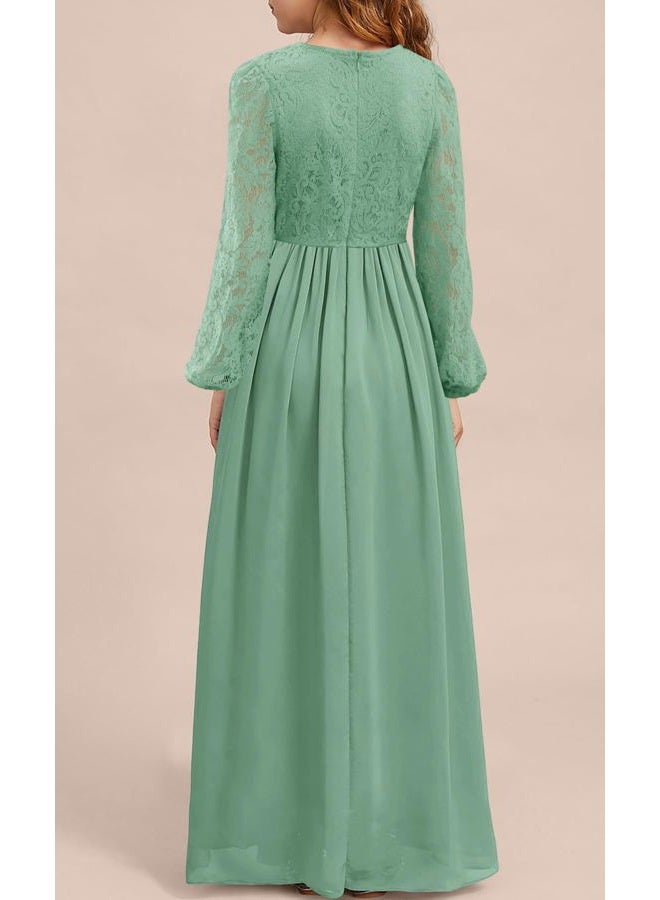 MITILLY Girls Fall Long Sleeve Maxi Dress Vintage A-Line Chiffon Ruffle Flowy Lace Flower Girl Dresses for Wedding Party, Light Green, 10 Years - Image 4