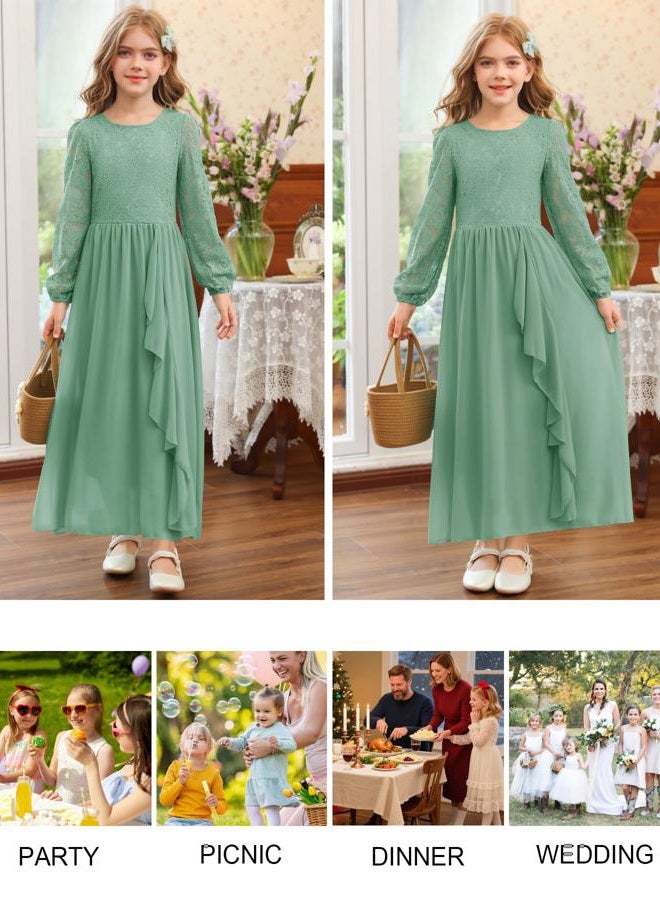MITILLY Girls Fall Long Sleeve Maxi Dress Vintage A-Line Chiffon Ruffle Flowy Lace Flower Girl Dresses for Wedding Party, Light Green, 10 Years - Image 5