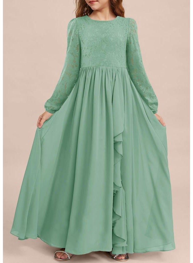 MITILLY Girls Fall Long Sleeve Maxi Dress Vintage A-Line Chiffon Ruffle Flowy Lace Flower Girl Dresses for Wedding Party, Light Green, 10 Years - Image 3