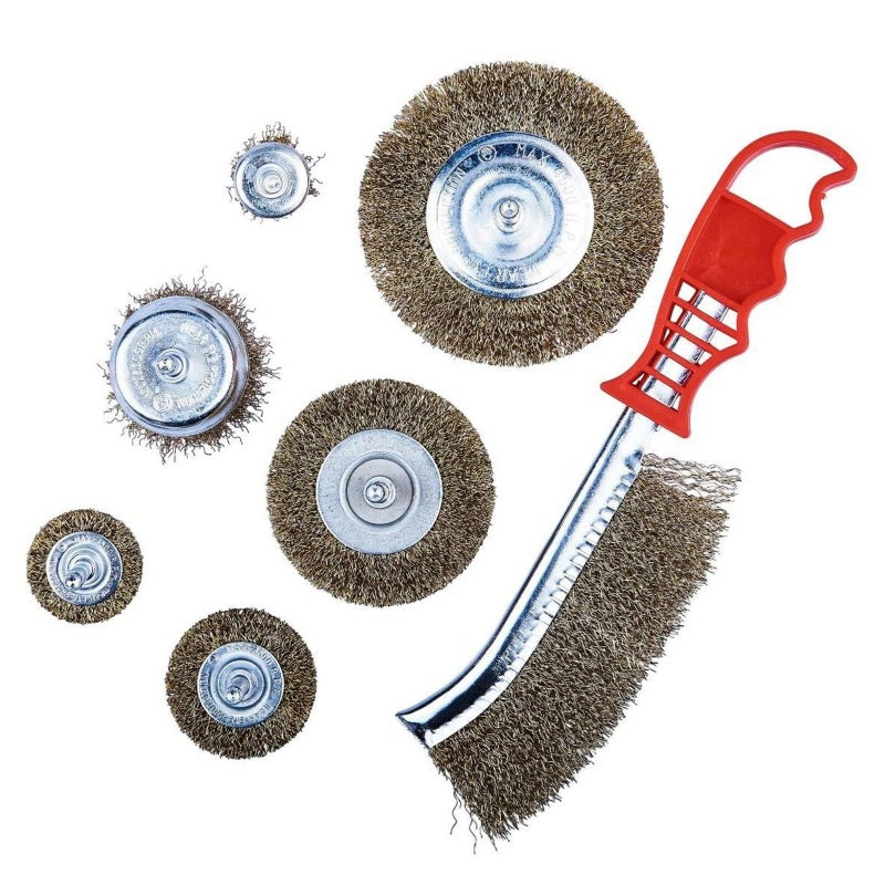 7 Piece Wire Brush Set, Crimped Steel Wire Wheel Brushes with Red Handle, Assorted Sizes for Cleaning, Rust Removal, Polishing