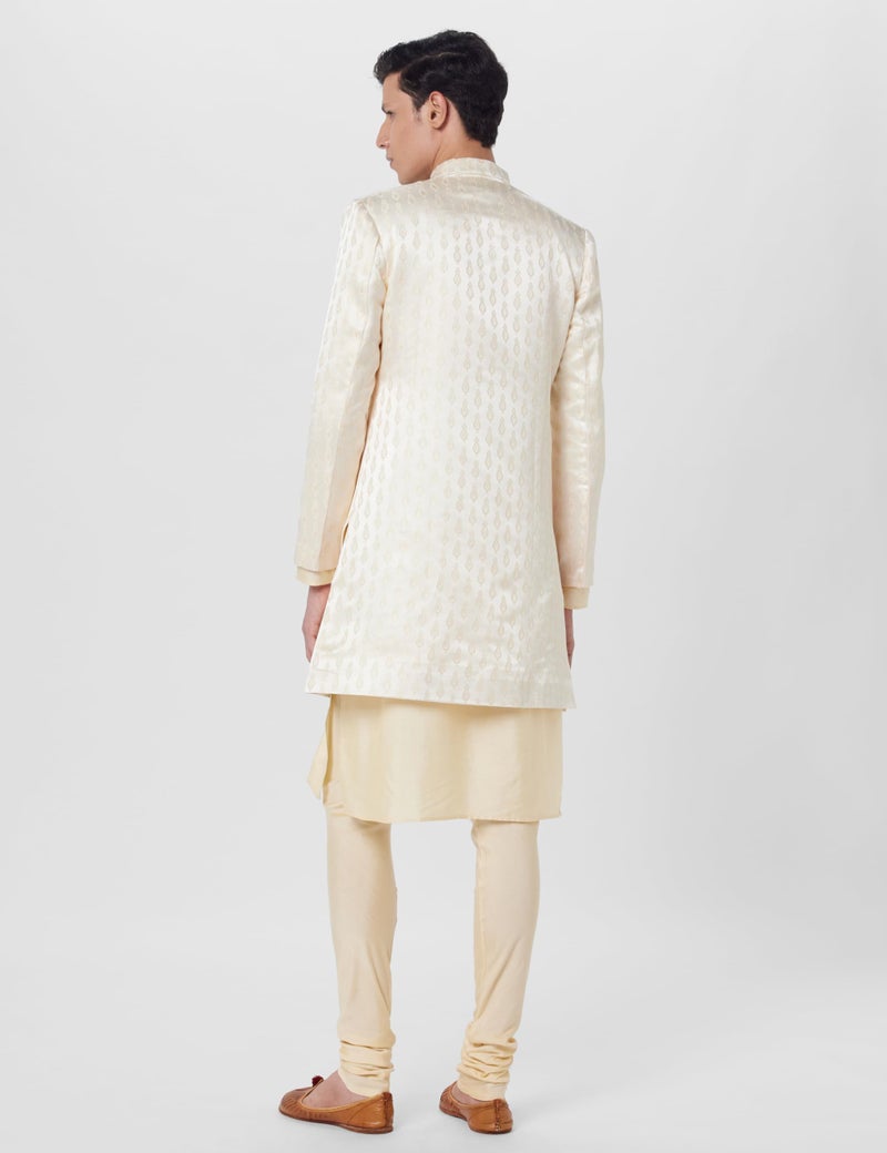 KISAH Men's Kurta Sherwani Churidar Set Indo-Western, Cream Cotton Blend, Self Design Long Sleeves Regular Fit Mandarin Collar (Medium) - Image 3