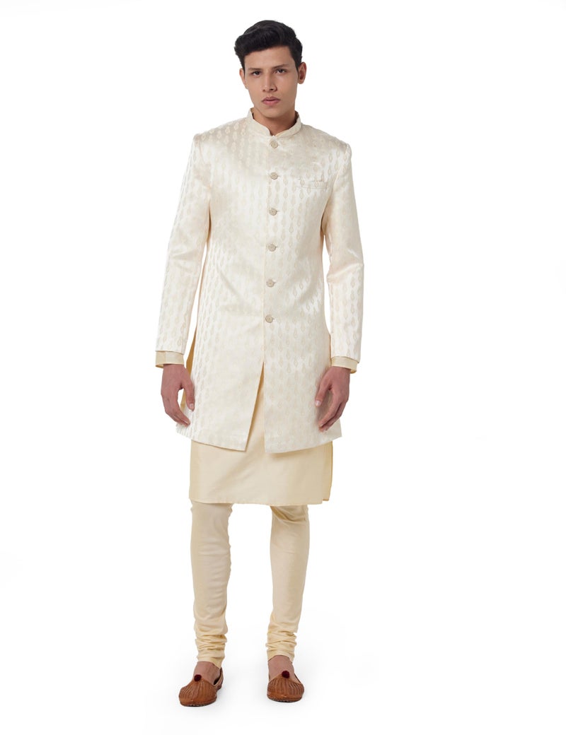 KISAH Men's Kurta Sherwani Churidar Set Indo-Western, Cream Cotton Blend, Self Design Long Sleeves Regular Fit Mandarin Collar (Medium) - Image 1