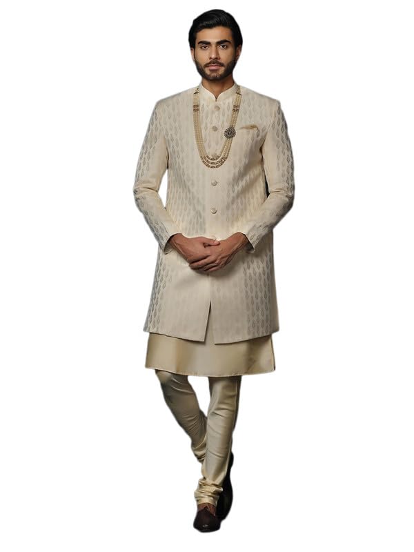 KISAH Men's Kurta Sherwani Churidar Set Indo-Western, Cream Cotton Blend, Self Design Long Sleeves Regular Fit Mandarin Collar (Medium) - Image 4