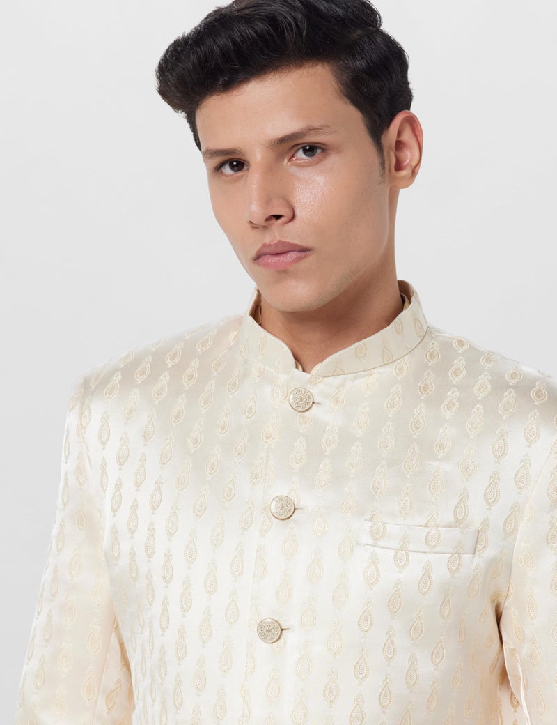 KISAH Men's Kurta Sherwani Churidar Set Indo-Western, Cream Cotton Blend, Self Design Long Sleeves Regular Fit Mandarin Collar (Medium) - Image 5