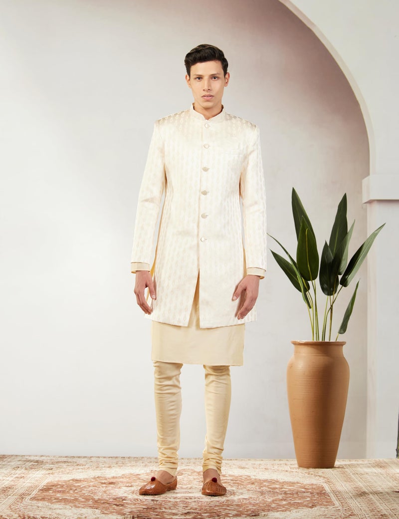KISAH Men's Kurta Sherwani Churidar Set Indo-Western, Cream Cotton Blend, Self Design Long Sleeves Regular Fit Mandarin Collar (Medium) - Image 2