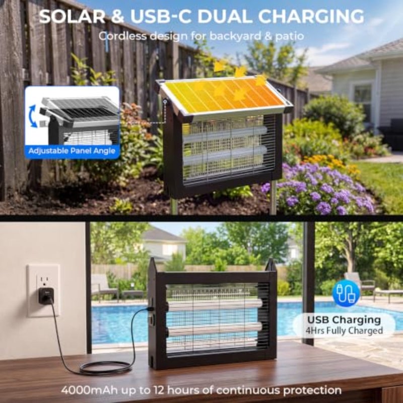 Solar Bug Zapper Outdoor, 4500V Rechargeable Mosquito Zapper 4000mAh Battery, Detachable Solar Panel, Mosquito Killer Indoor, Cordless Fly Insect Zapper Waterproof for Patio Garden Camping - Image 3