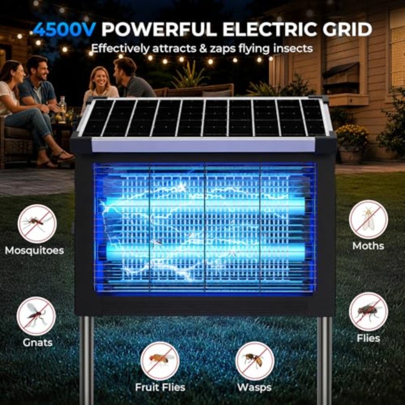Solar Bug Zapper Outdoor, 4500V Rechargeable Mosquito Zapper 4000mAh Battery, Detachable Solar Panel, Mosquito Killer Indoor, Cordless Fly Insect Zapper Waterproof for Patio Garden Camping - Image 2